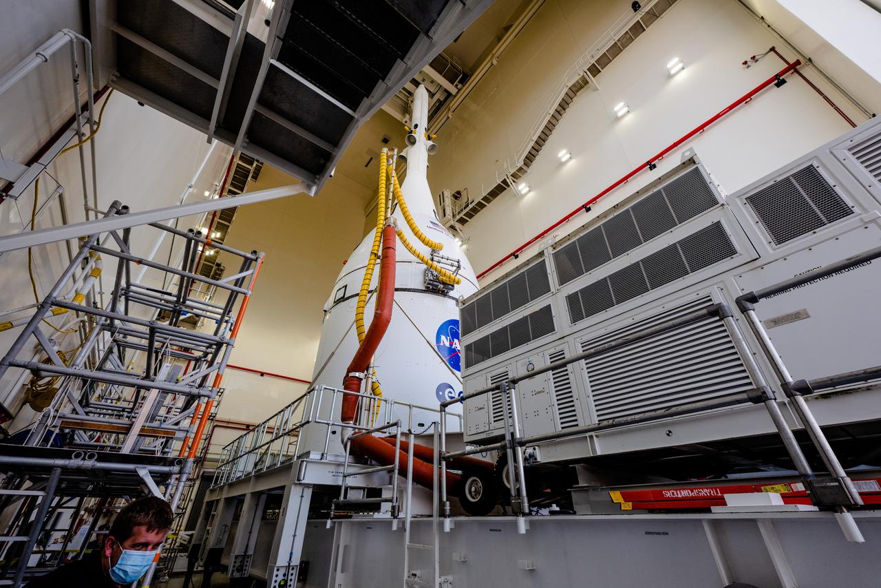 The team at Kennedy Space Center prepares the Artemis I Orion for transport from the Launch Abort System Facility to the Vehicle Assembly Building where it will be stacked atop the Launch Abort System.