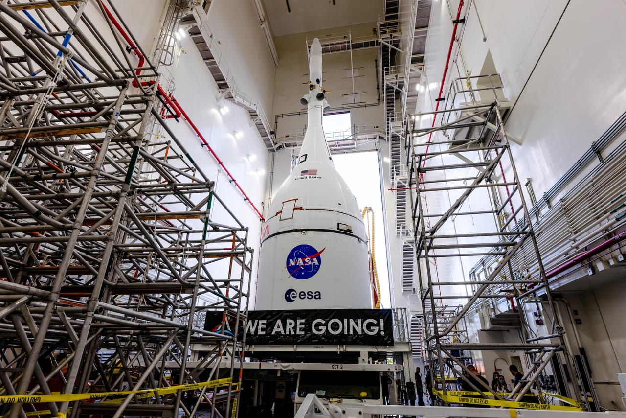 The team at Kennedy Space Center prepares the Artemis I Orion for transport from the Launch Abort System Facility to the Vehicle Assembly Building where it will be stacked atop the Launch Abort System.