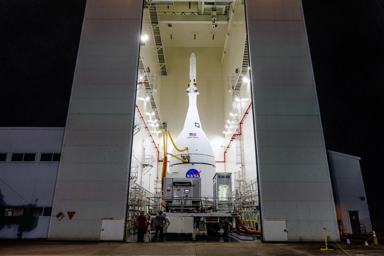 The team at Kennedy Space Center prepares the Artemis I Orion for transport from the Launch Abort System Facility to the Vehicle Assembly Building where it will be stacked atop the Launch Abort System.