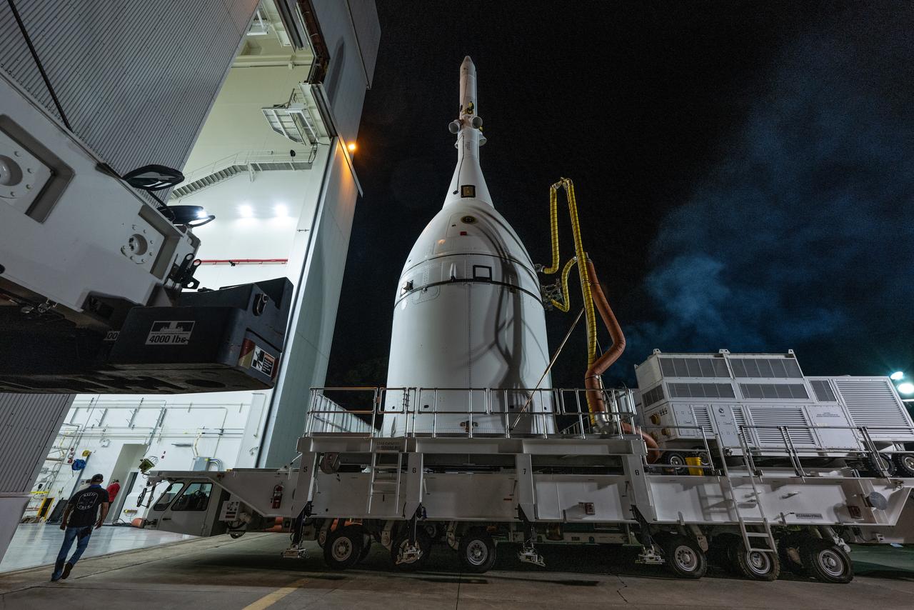 The team at Kennedy Space Center prepares the Artemis I Orion for transport from the Launch Abort System Facility to the Vehicle Assembly Building where it will be stacked atop the Launch Abort System.