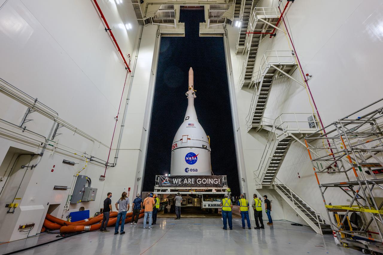 The team at Kennedy Space Center prepares the Artemis I Orion for transport from the Launch Abort System Facility to the Vehicle Assembly Building where it will be stacked atop the Launch Abort System.