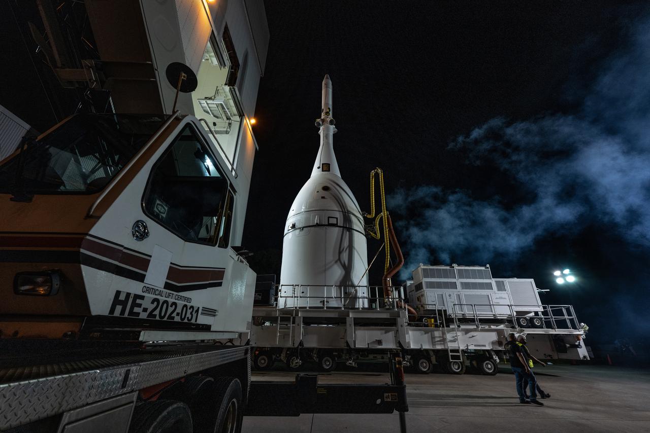 The team at Kennedy Space Center prepares the Artemis I Orion for transport from the Launch Abort System Facility to the Vehicle Assembly Building where it will be stacked atop the Space Launch System.