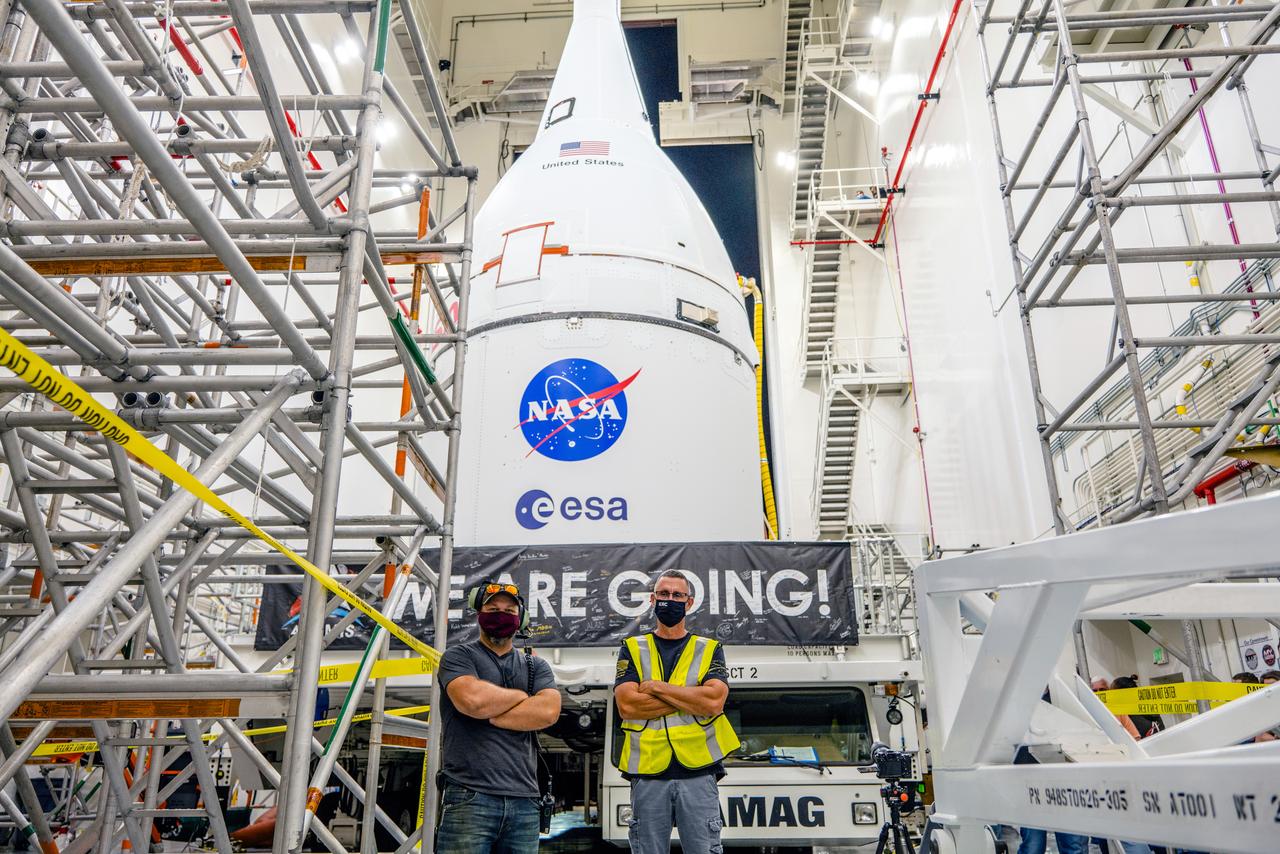 The team at Kennedy Space Center prepares the Artemis I Orion for transport from the Launch Abort System Facility to the Vehicle Assembly Building where it will be stacked atop the Launch Abort System.