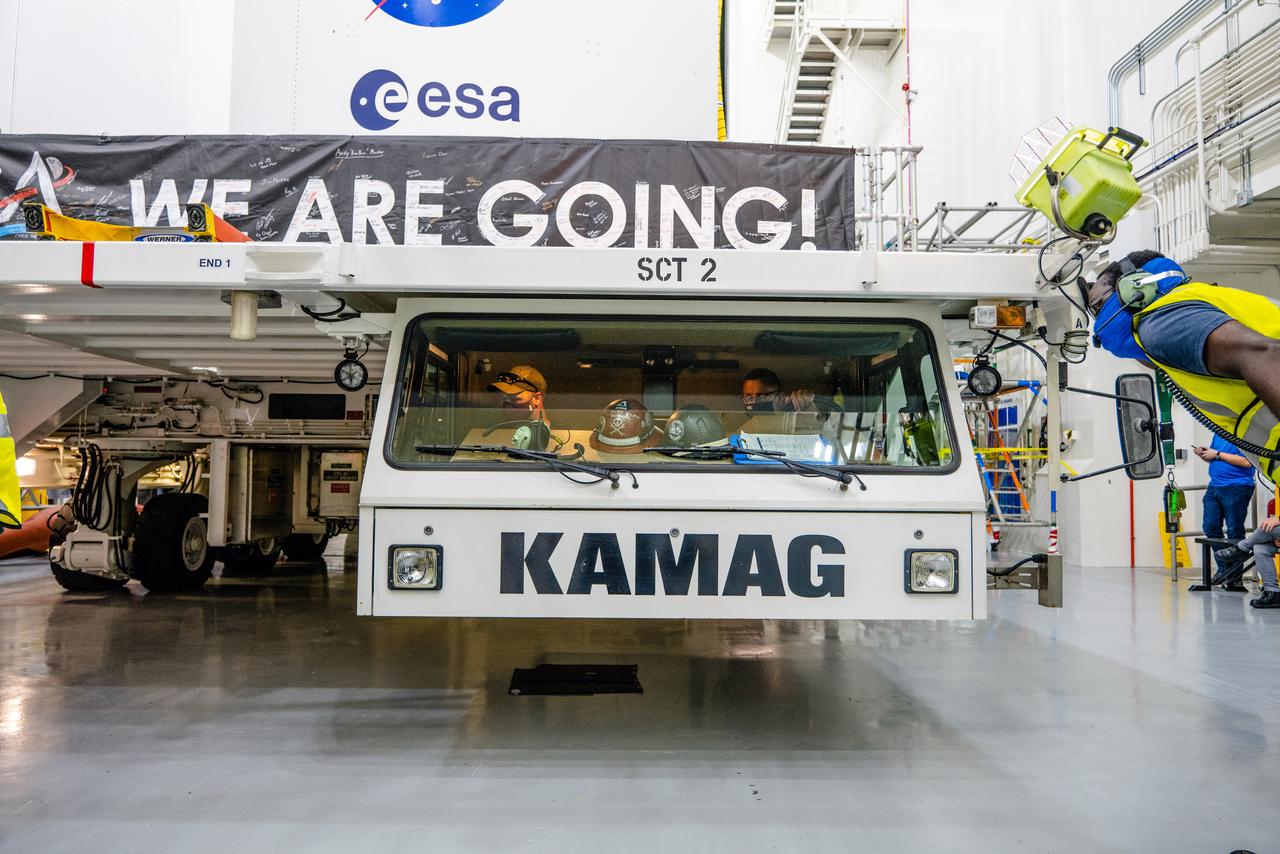 The team at Kennedy Space Center prepares the Artemis I Orion for transport from the Launch Abort System Facility to the Vehicle Assembly Building where it will be stacked atop the Launch Abort System.