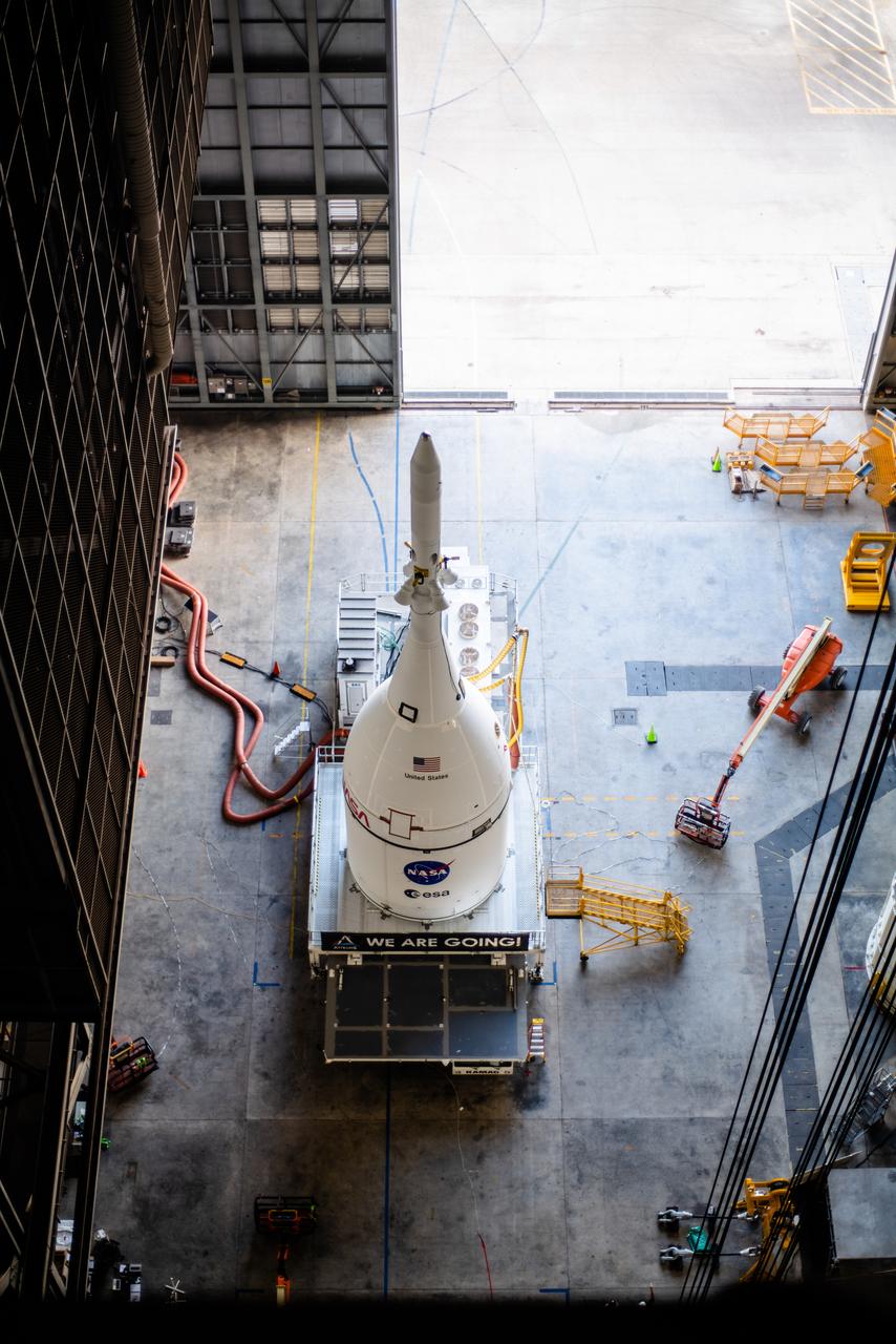 At Kennedy Space Center, the Artemis I Orion is transported from the Launch Abort System Facility to the Vehicle Assembly Building on Oct. 19, 2021, ahead of stacking on the Space Launch System rocket.