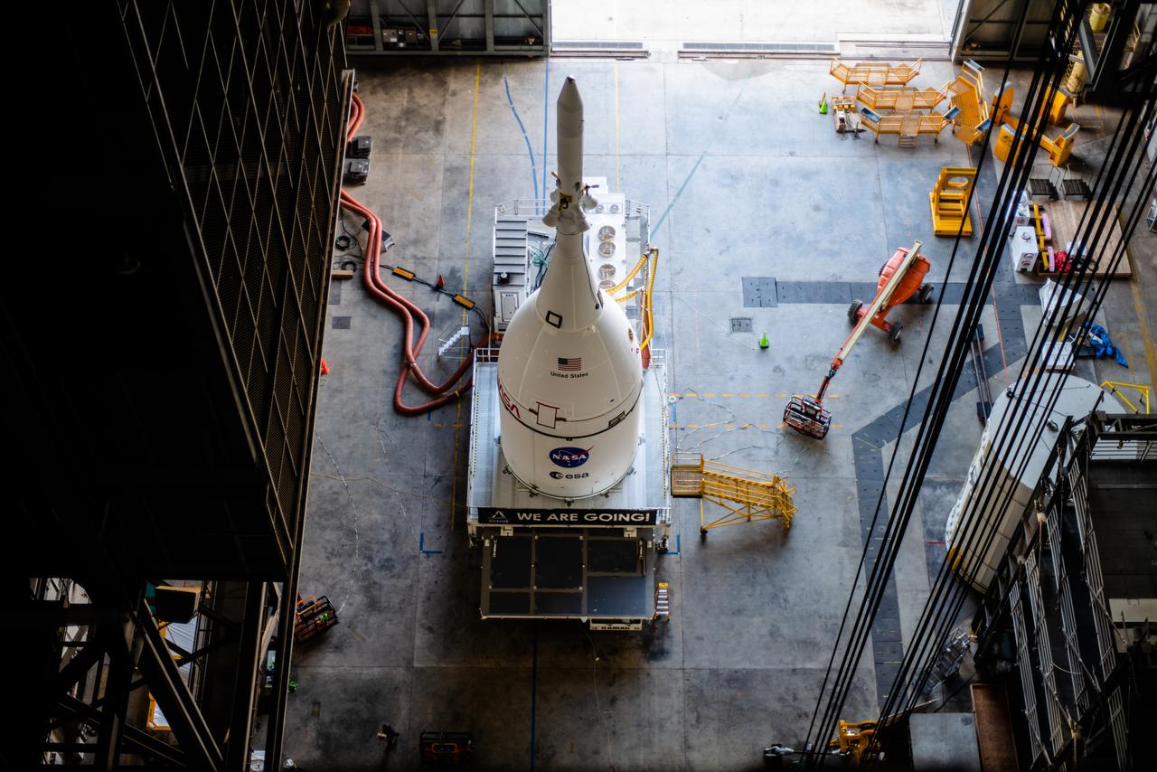 At Kennedy Space Center, the Artemis I Orion is transported from the Launch Abort System Facility to the Vehicle Assembly Building on Oct. 19, 2021, ahead of stacking on the Space Launch System rocket.