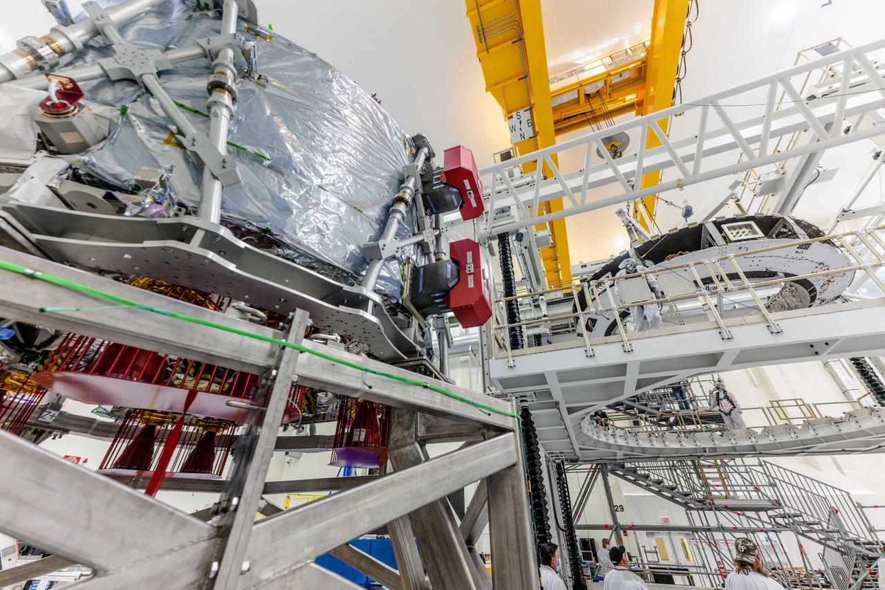 The crew module adapter, which connects Orion's crew module with the European Service module is lifted in preparation for mate with the Artemis II service module on Oct. 19, 2021, which recently arrived from Airbus in Bremen.