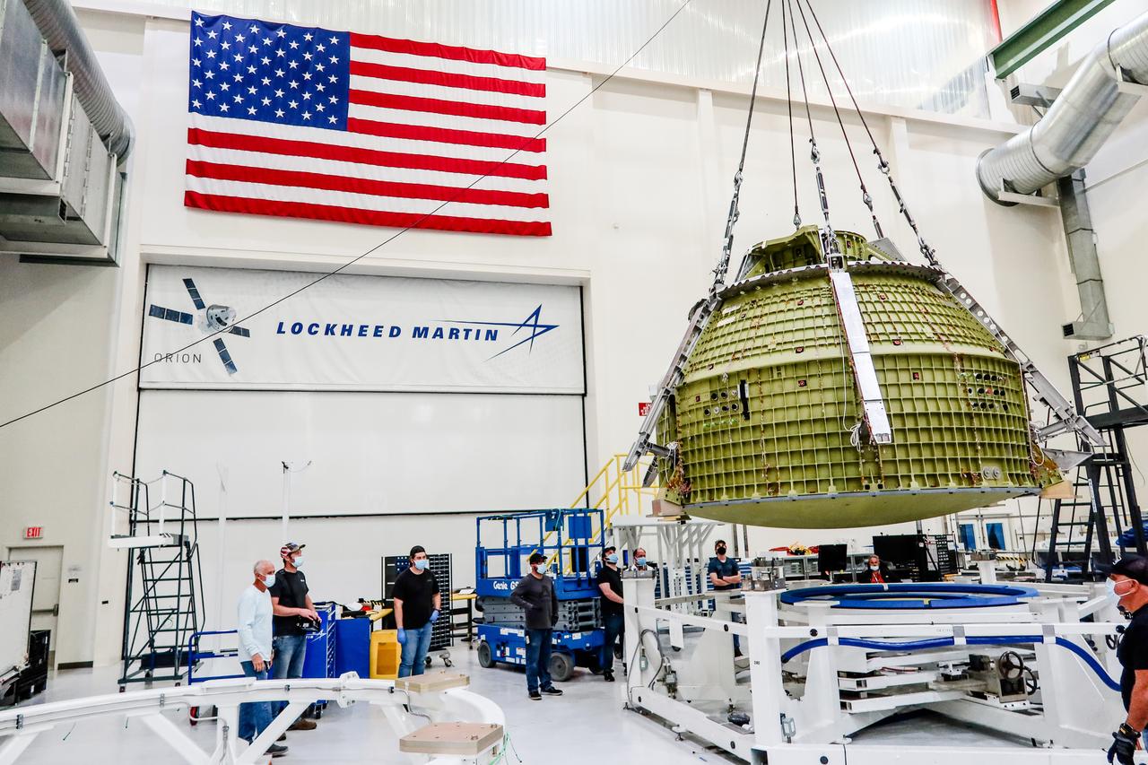 The crew module for Artemis III Orion, which will carry astronauts to land on the Moon and is shown here on Feb. 17 2022, is being assembled at NASA's Kennedy Space Center in Florida.