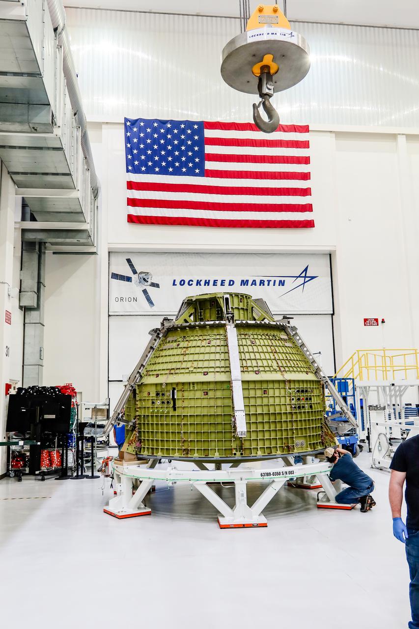The crew module for Artemis III Orion, which will carry astronauts to land on the Moon and is shown here on Feb. 17 2022, is being assembled at NASA's Kennedy Space Center in Florida.