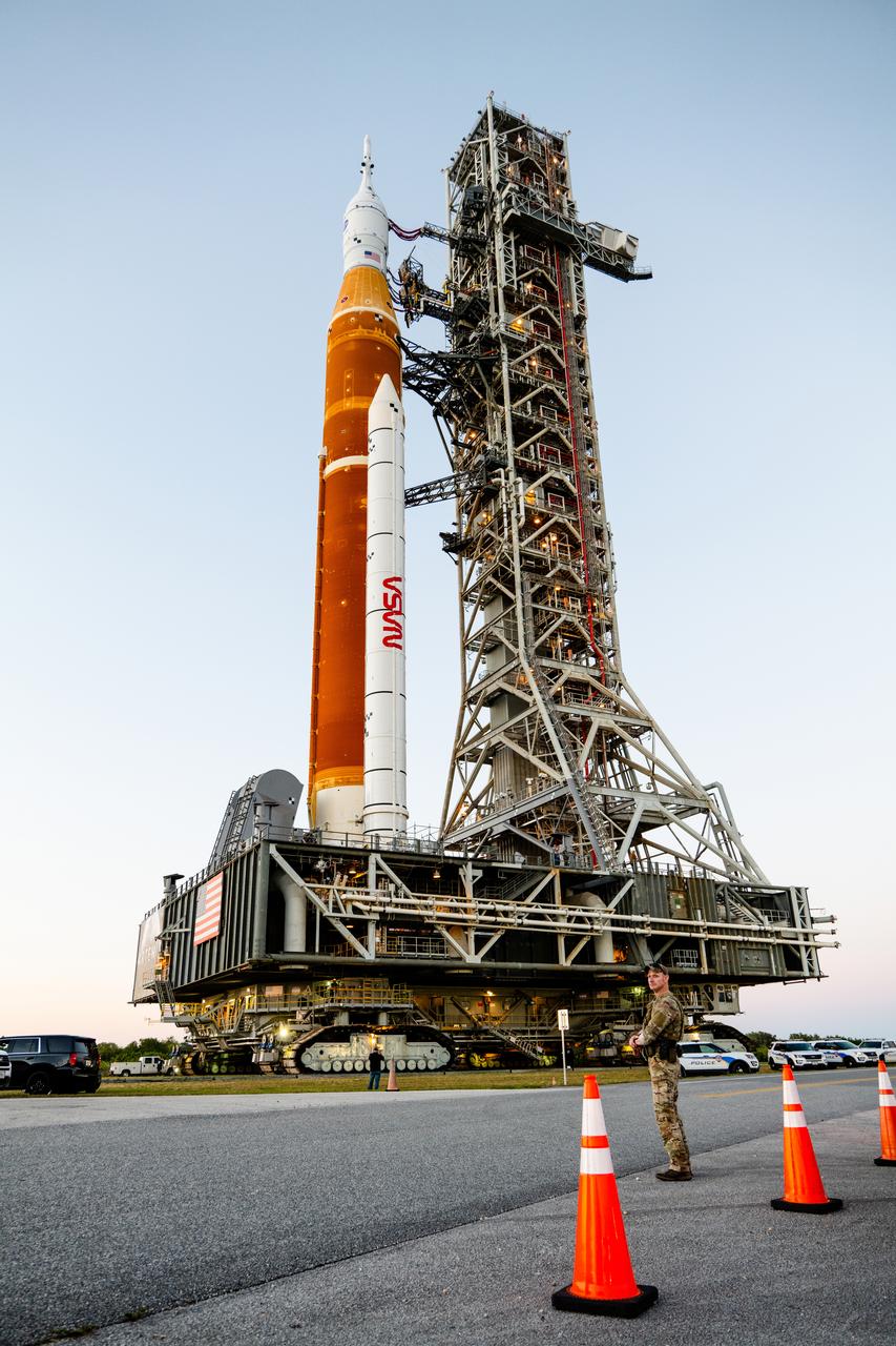 The Artemis I vehicle, with the Orion spacecraft atop, rolls for wet dress rehearsal from the Vehicle Assembly Building at NASA’s Kennedy Space Center on March 17, 2022. At the pad, the vehicle will undergo checkouts and teams will practice countdown to ensure the stack is ready for launch.