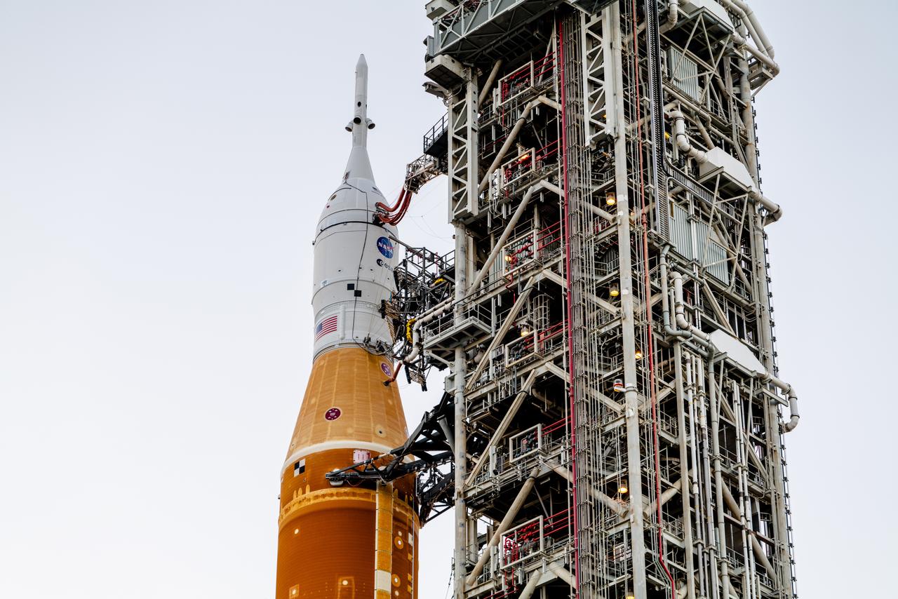 The Artemis I vehicle, with the Orion spacecraft atop, rolls for wet dress rehearsal from the Vehicle Assembly Building at NASA’s Kennedy Space Center on March 17, 2022. At the pad, the vehicle will undergo checkouts and teams will practice countdown to ensure the stack is ready for launch.