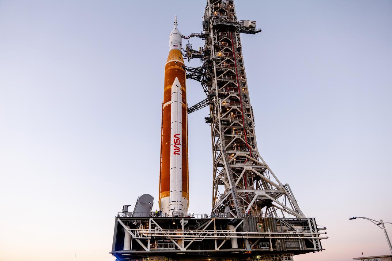 The Artemis I vehicle, with the Orion spacecraft atop, rolls for wet dress rehearsal from the Vehicle Assembly Building at NASA’s Kennedy Space Center on March 17, 2022. At the pad, the vehicle will undergo checkouts and teams will practice countdown to ensure the stack is ready for launch.