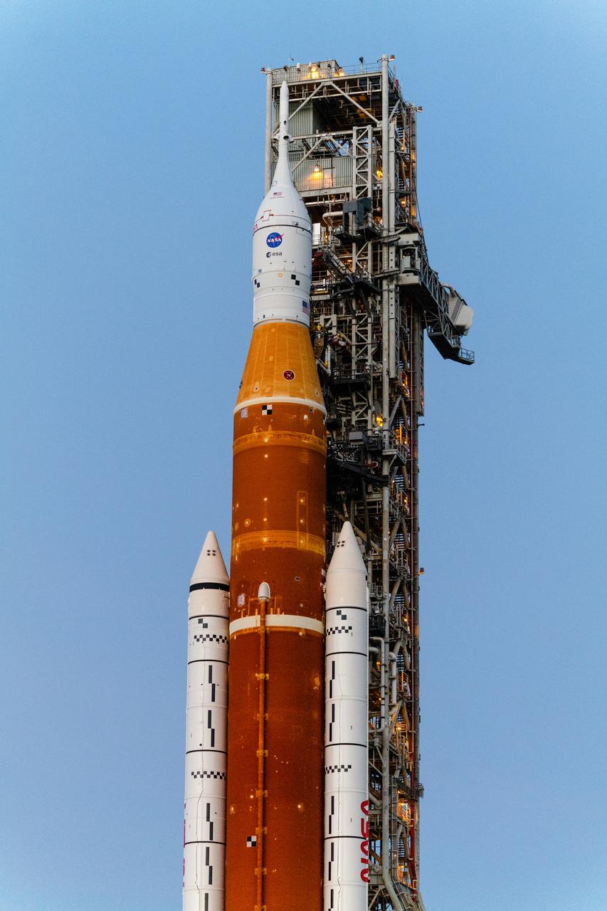 The Artemis I vehicle, with the Orion spacecraft atop, rolls for wet dress rehearsal from the Vehicle Assembly Building at NASA’s Kennedy Space Center on March 17, 2022. At the pad, the vehicle will undergo checkouts and teams will practice countdown to ensure the stack is ready for launch.