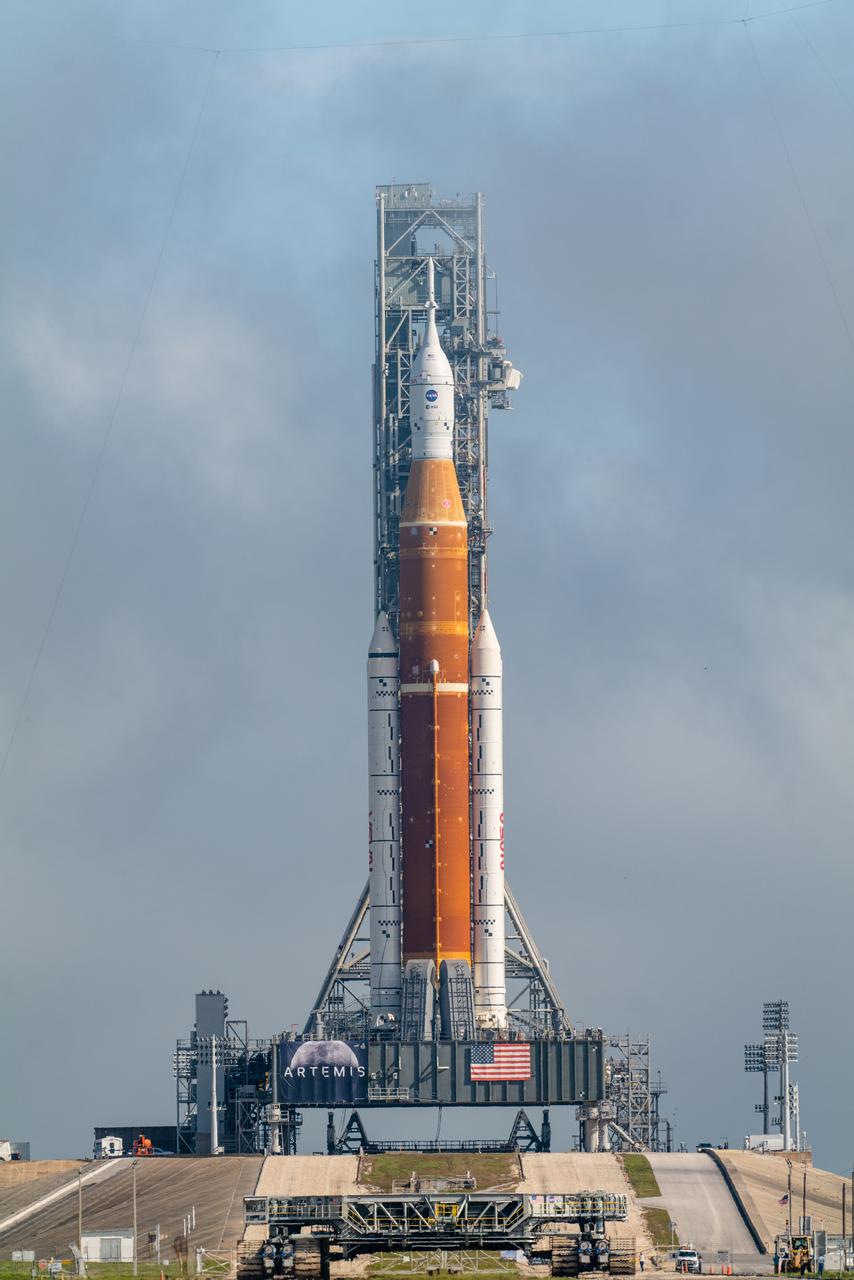 The Artemis I vehicle, shown here on March 18, 2022 arrived at Kennedy Space Center's Launch Pad 39B for wet dress rehearsal. During the test the vehicle will undergo checkouts and teams will practice countdown to ensure the stack is ready for launch.