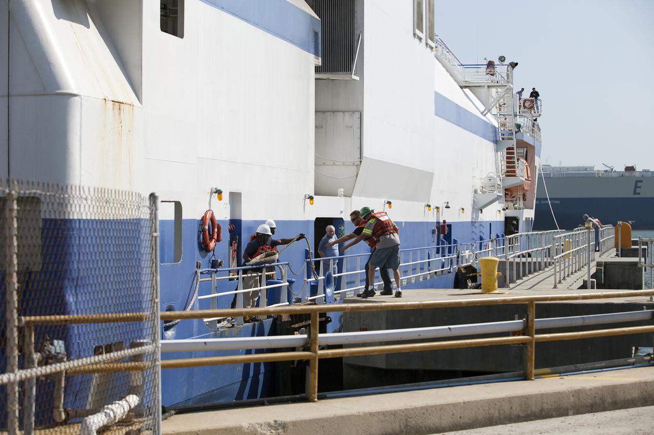 The United Launch Alliance barge Delta Mariner docks in Port Canaveral in Florida on March 6, 2014. The barge is carrying two of the booster stages for the Delta IV Heavy rocket slated for Orion's Exploration Flight Test-1, or EFT-1. Orion is the exploration spacecraft designed to carry astronauts to destinations not yet explored by humans. It will have emergency abort capability, sustain the crew during space travel and provide safe re-entry from deep-space return velocities.