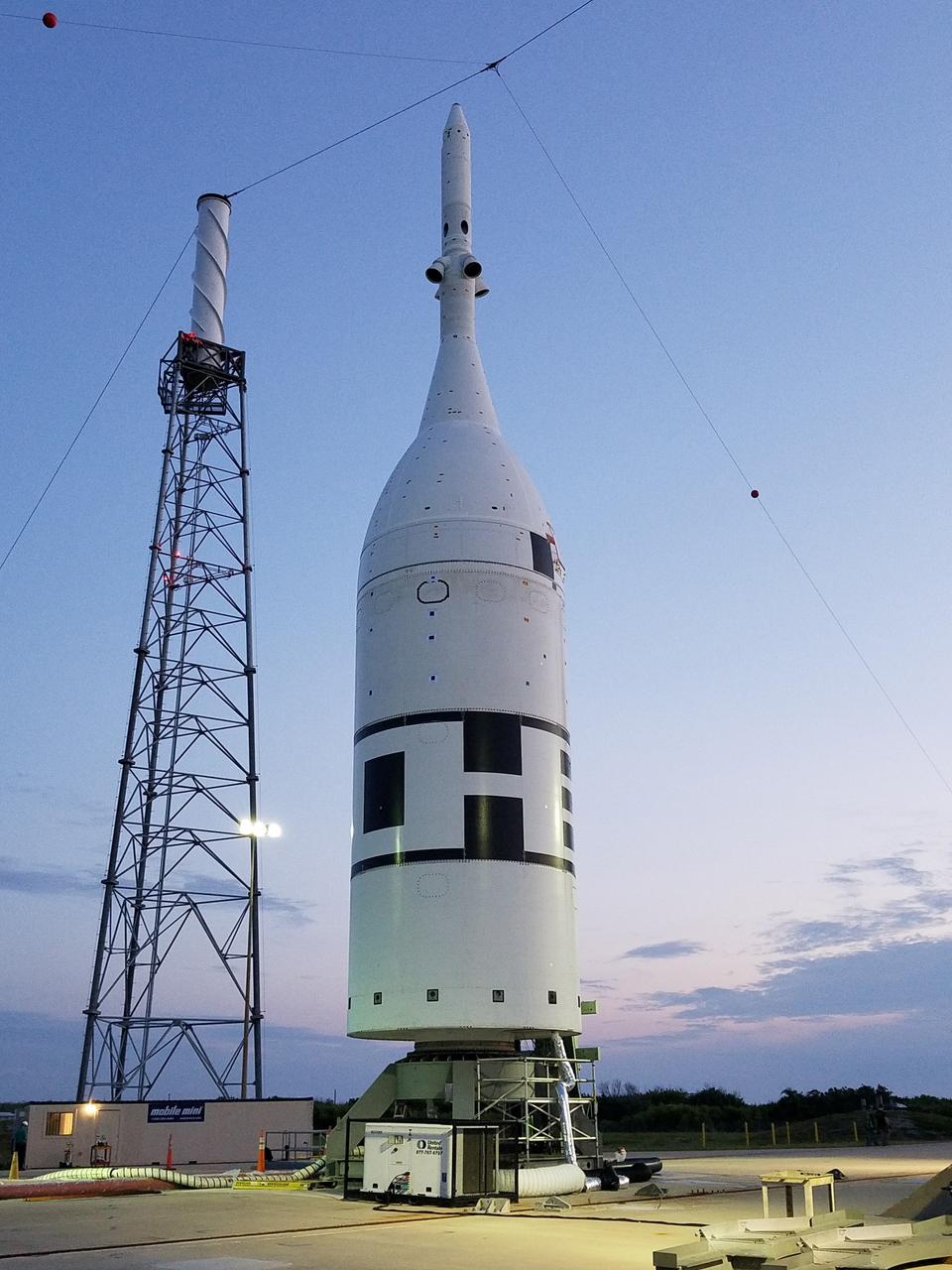 The Orion Ascent Abort-2 test booster and launch abort system on the launch pad at Cape Canaveral Air Force Station in Florida on June 27, 2019.