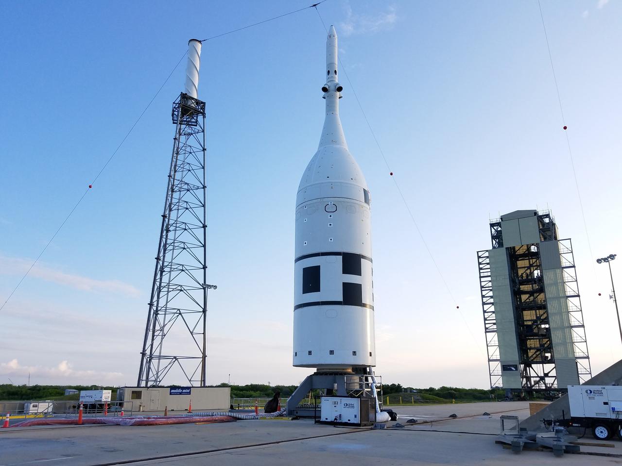 The Orion Ascent Abort-2 test booster and launch abort system on the launch pad at Cape Canaveral Air Force Station in Florida on June 27, 2019.