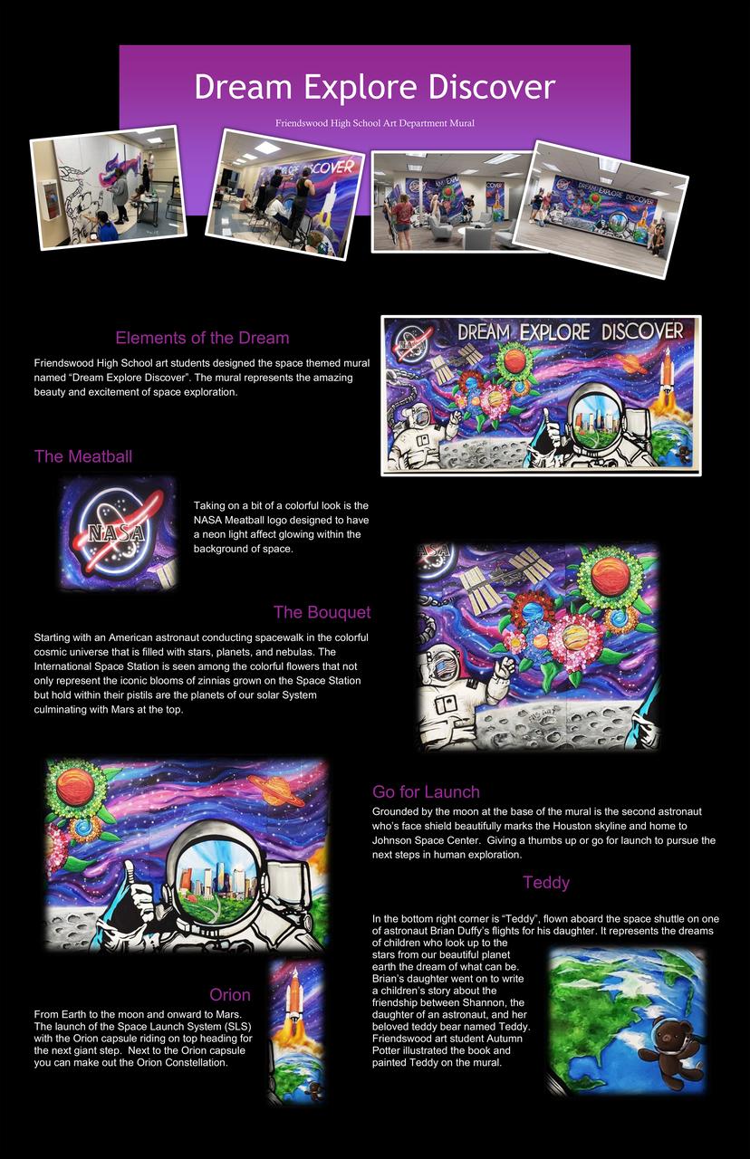jsc2022e060871_Alt  ( 6/22/2022) Friendswood High School art students designed the space themed mural named “Dream Explore Discover”. The mural represents the amazing beauty and excitement of space exploration.  Taking on a bit of a colorful look is the NASA Meatball logo designed to have a neon light affect glowing within the background of space.  Starting with an American astronaut conducting spacewalk in the colorful cosmic universe that is filled with stars, planets, and nebulas. The International Space Station is seen among the colorful flowers that not only represent the iconic blooms of zinnias grown on the Space Station but hold within their pistils are the planets of our solar System culminating with Mars at the top.  Grounded by the moon at the base of the mural is the second astronaut who’s face shield beautifully marks the Houston skyline and home to Johnson Space Center. Giving a thumbs up or go for launch to pursue the next steps in human exploration.  From Earth to the moon and onward to Mars. The launch of the Space Launch System (SLS) with the Orion capsule riding on top heading for the next giant step. Next to the Orion capsule you can make out the Orion Constellation.  In the bottom right corner is “Teddy”, flown aboard the space shuttle on one of astronaut Brian Duffy’s flights for his daughter. It represents the dreams of children who look up to the stars from our beautiful planet earth the dream of what can be. Brian’s daughter went on to write a children’s story about the friendship between Shannon, the daughter of an astronaut, and her beloved teddy bear named Teddy. Friendswood art student Autumn Potter illustrated the book and painted Teddy on the mural. 