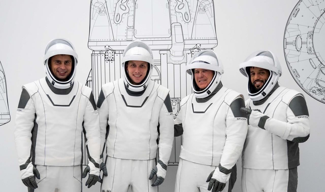 jsc2022e065072 (Aug. 11, 2022) --- The four crew members that comprise the SpaceX Crew-6 mission pose for a photo in their spacesuits during a training session at the company's headquarters in Hawthorne, California. From left are, Mission Specialist Andrey Fedyaev, Pilot Warren "Woody" Hoburg, Commander Stephen Bowen, and Mission Specialist Sultan Alneyadi. Credit: SpaceX