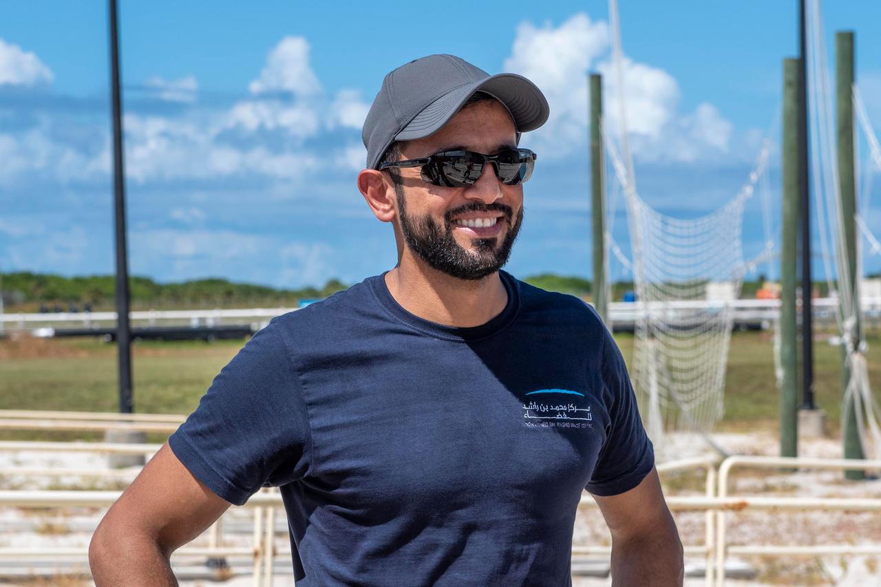 jsc2022e065081 (Aug. 8, 2022) --- Mission Specialist Sultan Alneyadi from the Mohammed bin Rashid Space Centre of the SpaceX Crew-6 mission is pictured during a training session at the Kennedy Space Center's Launch Pad 39A in Florida. Credit: SpaceX