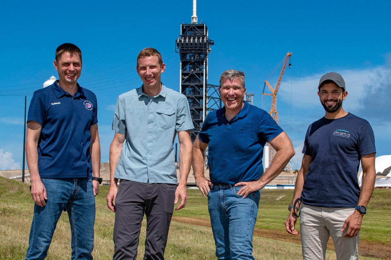 jsc2022e065083 (Aug. 8, 2022) --- The four crew members that comprise the SpaceX Crew-6 mission pose for a photo during a training session at the Kennedy Space Center's Launch Pad 39A in Florida. From left are, Mission Specialist Andrey Fedyaev, Pilot Warren "Woody" Hoburg, Commander Stephen Bowen, and Mission Specialist Sultan Alnedayi. Credit: SpaceX