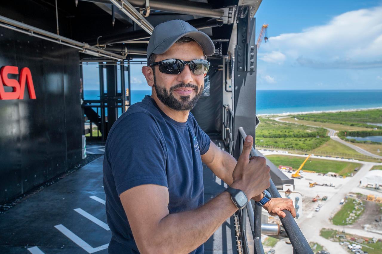 jsc2022e065084 (Aug. 8, 2022) --- Mission Specialist Sultan Alneyadi from the Mohammed bin Rashid Space Centre of the SpaceX Crew-6 mission is pictured during a training session at the Kennedy Space Center's Launch Pad 39A in Florida. Credit: SpaceX