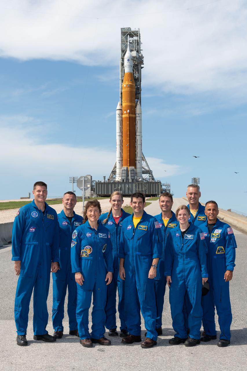 Astronauts and astronaut candidates pose for a photo at the Launch Pad 39B after arriving in their T-38 jets in support of Artemis I launch operations at NASA's Kennedy Space Center in Florida. From Left: Canadian Space Agency Astronaut Jeremy Hansen, NASA Astronauts Drew Morgan, Christina Koch, NASA Astronaut Candidates Nicole Ayers, Jack Hathaway, NASA Astronauts Reid Wiseman, Zena Cardman, NASA Pilot Chris Condon, NASA Astronaut Joe Acaba. Credit: NASA/Josh Valcarcel