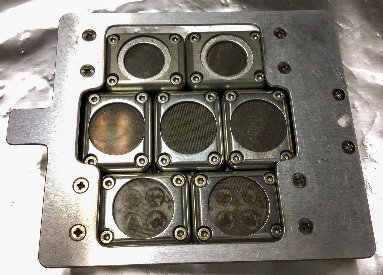 jsc2022e068259 (2/4/2022) --- Tanpopo is a Japanese astrobiological space exposure experiment on ISS. There are 7 small cells containing microorganisms, mosses, and organic compounds which will study their stability and alterations. Photo courtesy of the Tanpopo-5 Team.