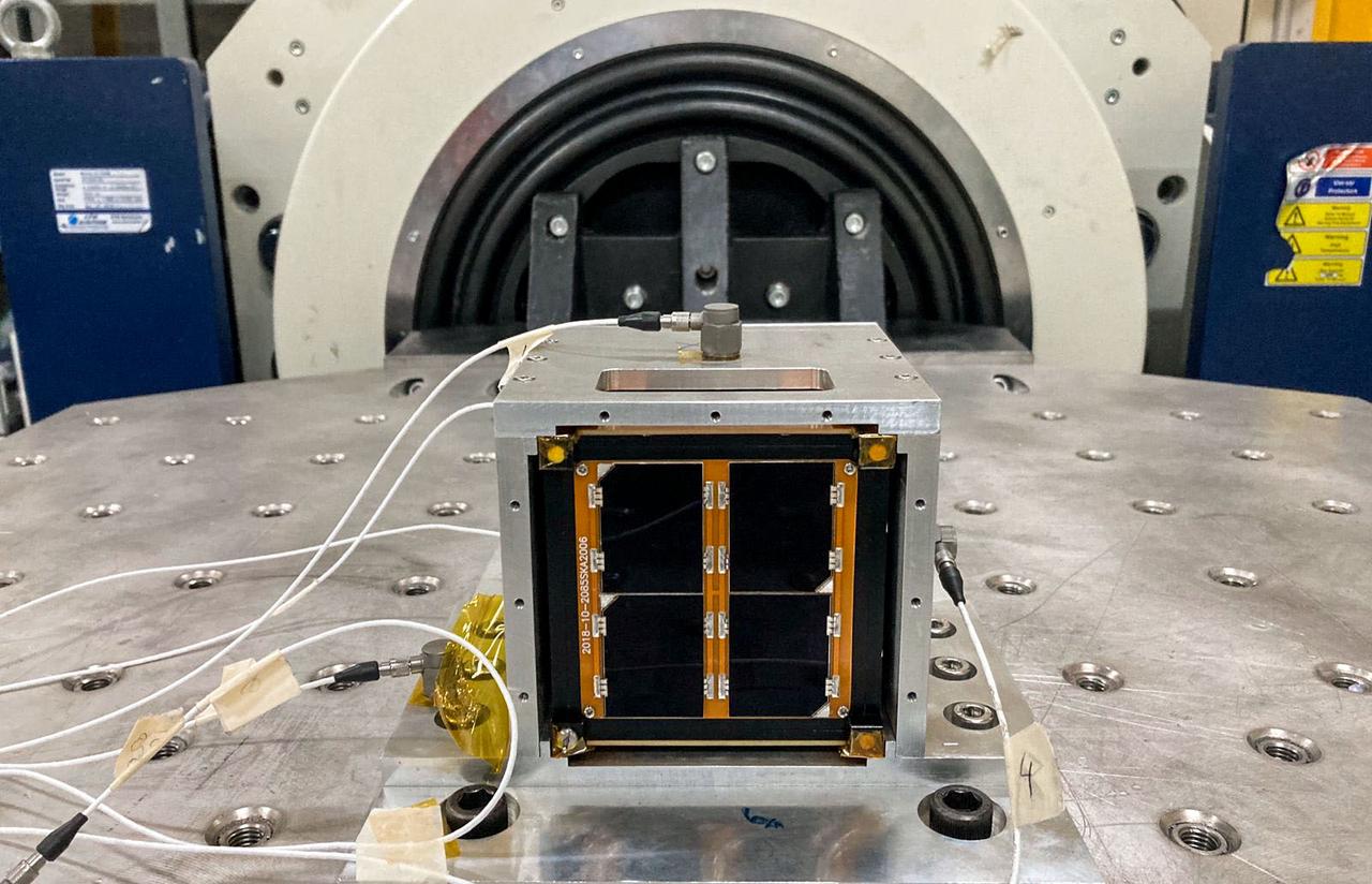 jsc2022e068265 (3/1/2022) --- A preflight view of the Surya Satellite-1 (SS-1) during Vibration Testing. The Surya Satellite-1 (SS-1) is the first Indonesian nanosatellite developed by university students at Surya University. SS-1 tests a satellite telecommunication system to serve amateur radio stations, and serves as a proof of concept of sensoric information transfer in rural areas for disaster mitigation application. Image Courtesy of The SS-1 Team.
