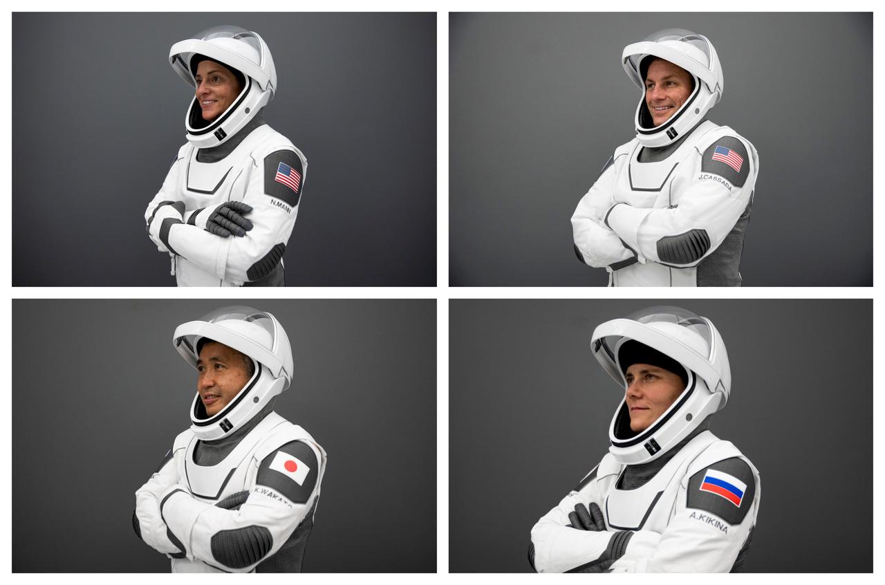 jsc2022e068666 (July 20, 2022) --- The four members of the SpaceX Crew-5 mission pose for a collage portrait in their Crew Dragon flight suits during a cockpit training session at SpaceX headquarters in Hawthorne, California. Clockwise from top left are, Commander Nicole Aunapu Mann and Pilot Josh Cassada, both from NASA; Mission Specialist Anna Kikina from Roscosmos; and Mission Specialist Koichi Wakata from the Japan Aerospace Exploration Agency (JAXA). Credit: SpaceX