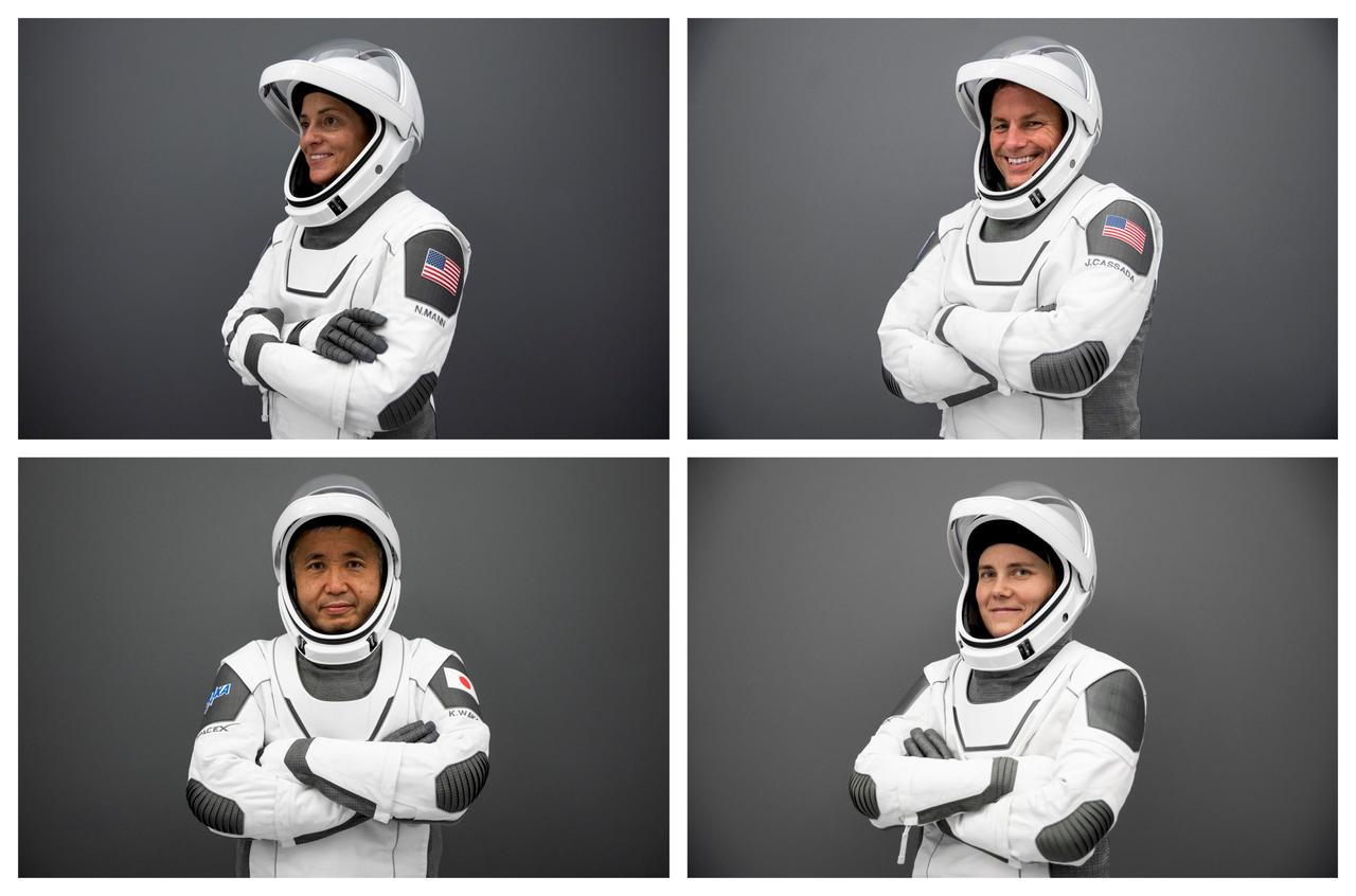 jsc2022e068667 (July 7, 2022) --- The four members of the SpaceX Crew-5 mission pose for a collage portrait in their Crew Dragon flight suits at SpaceX headquarters in Hawthorne, California. Clockwise from top left are, Commander Nicole Aunapu Mann and Pilot Josh Cassada, both from NASA; Mission Specialist Anna Kikina from Roscosmos; and Mission Specialist Koichi Wakata from the Japan Aerospace Exploration Agency (JAXA). Credit: SpaceX