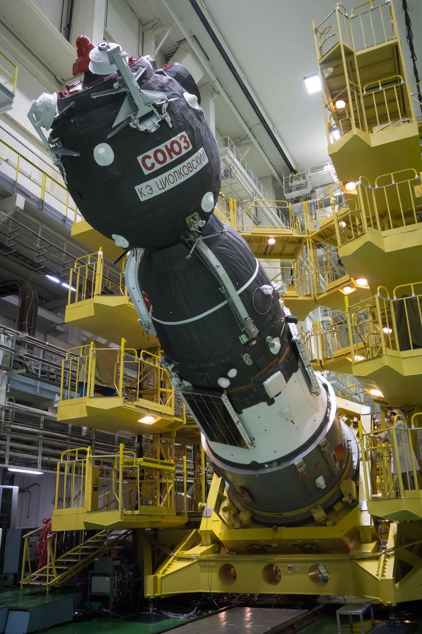 jsc2022e072274 (Sept. 13, 2022) --- In the Integration Facility at the Baikonur Cosmodrome in Kazakhstan, the Soyuz MS-22 spacecraft is shown in preparation for its encapsulation into the upper stage of its Soyuz booster rocket. NASA astronaut Frank Rubio is scheduled to launch with crewmates Roscosmos cosmonaut Sergey Prokopyev and Dmitri Petelin Sept. 21 for a six-month mission on the International Space Station. Credit: NASA/Victor Zelentsov.