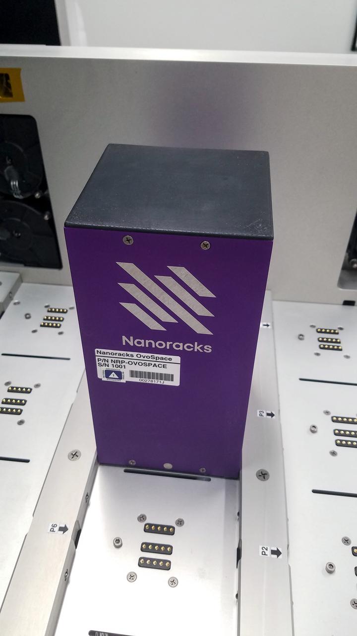 jsc2022e072966 (8/12/2022) --- A view of the OVOSPACE payload during a functional test. The science of the payload resides within the Nanoracks purple aluminum chassis. This chassis provides an interface to the Nanoracks Nanode platform. Nanode provides payloads with power and data throughout their time in space. Image courtesy of Nanoracks LLC.