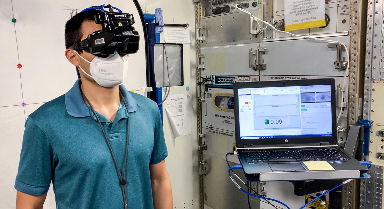 jsc2022e083571 (11/2/2022) --- The Falcon Goggles being worn as part of training development classes at NASA's Johnson Space Center. This image shows the configuration donned with the goggles cover. The Falcon Goggles, based on the Neurolign DX Falcon™, provide a system for capturing detailed high-speed video of the eyes to collect precise data on ocular alignment and crew balance. Image courtesy of NASA.