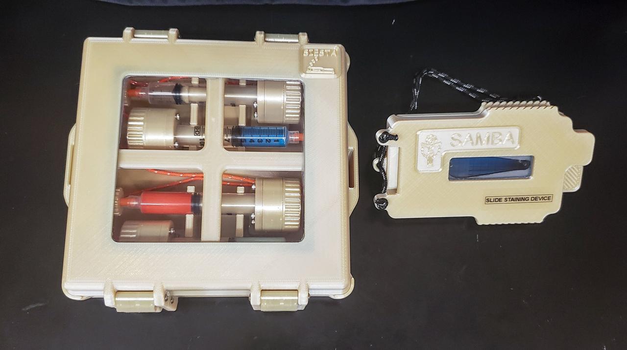 jsc2022e083573 (9/2/2022) --- A preflight image of staining reagents, casing, and staining device developed for the Moon Microscope investigation. Image courtesy of NASA’s Johnson Space Center Immunology/Virology Laboratory.