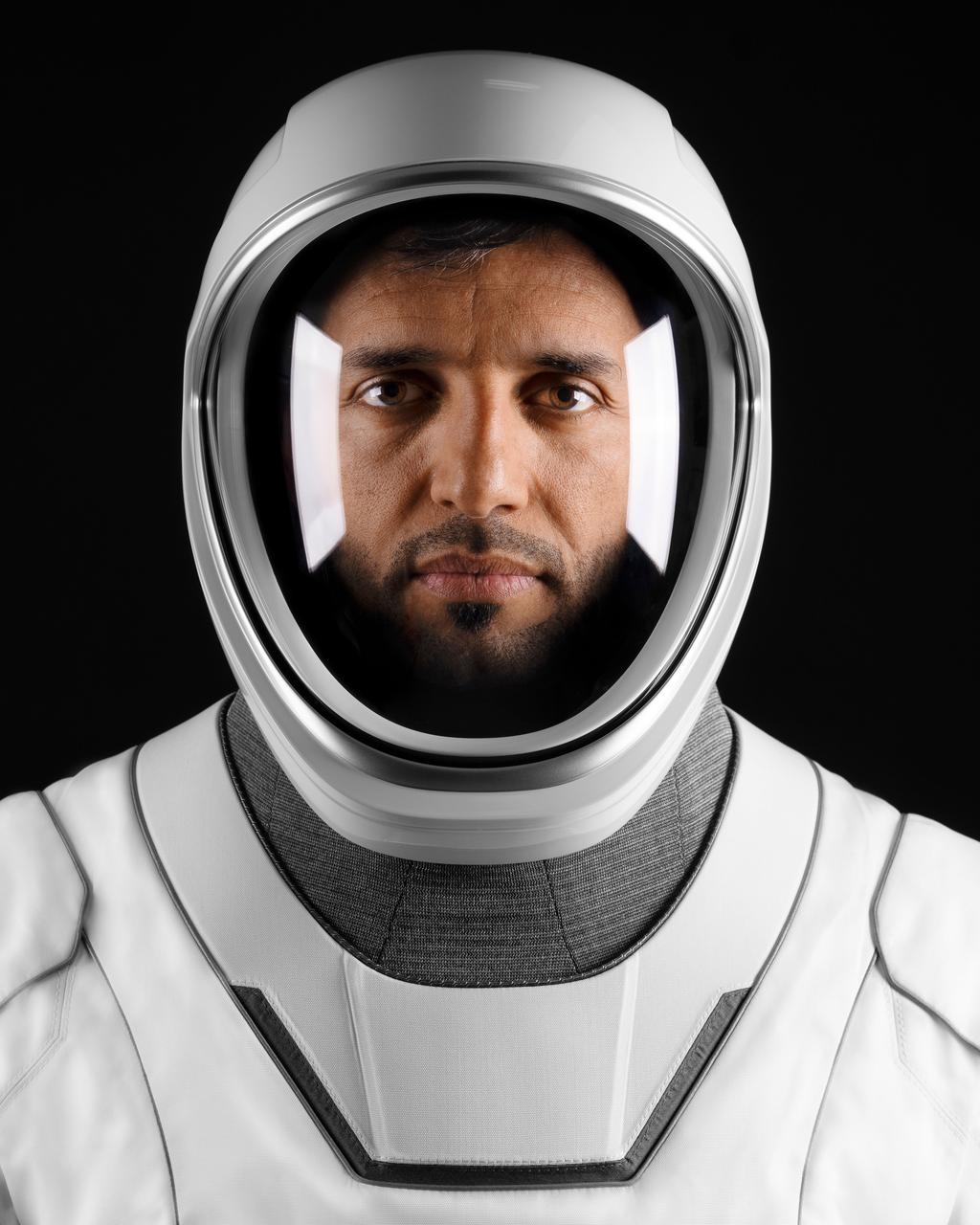 jsc2023e005731 (Dec. 22, 2022) --- Astronaut Sultan Alneyadi from the Mohammed bin Rashid Space Centre, SpaceX Crew-6 Mission Specialist, poses for a portrait in his pressure suit at SpaceX headquarters in Hawthorne, California. Credit: SpaceX