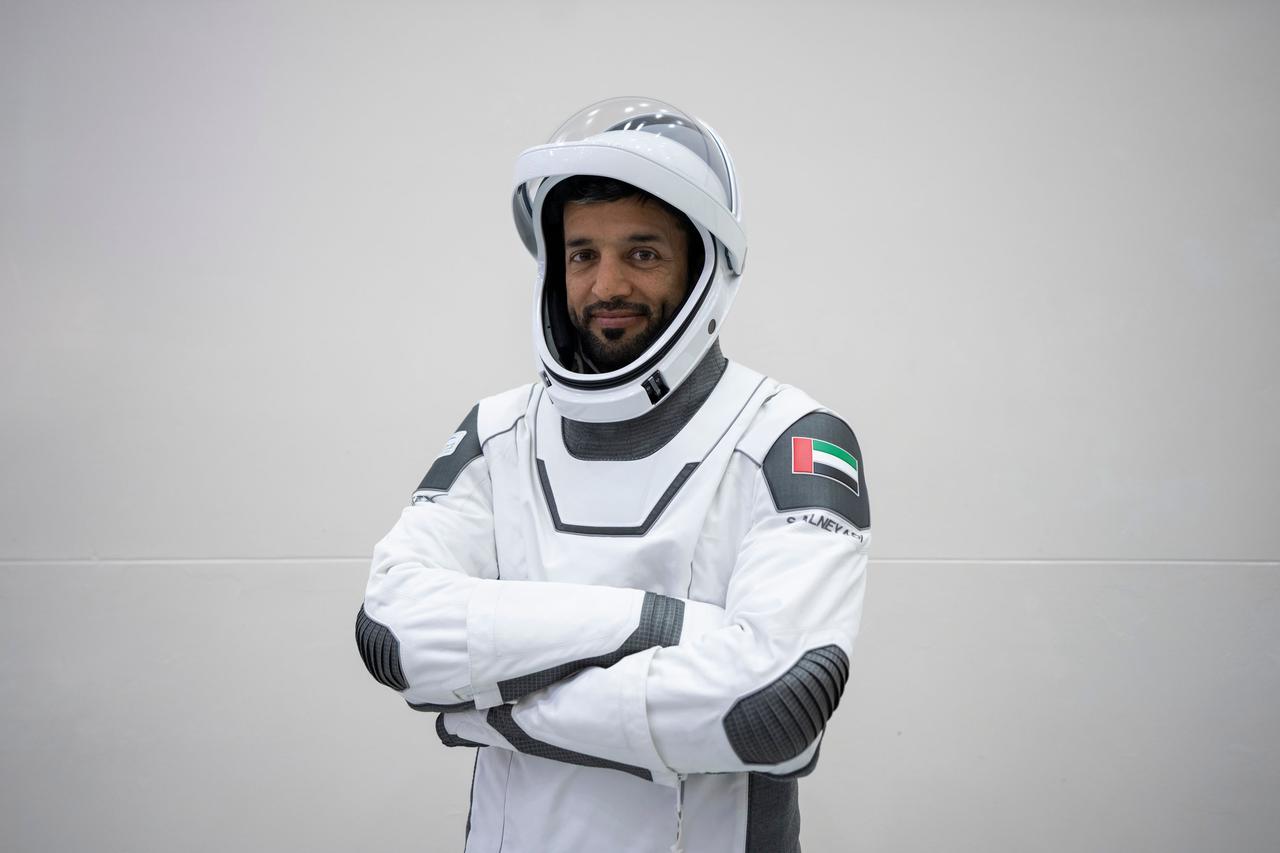 jsc2023e005741 (Jan. 30, 2023) --- Astronaut Sultan Alneyadi from the Mohammed bin Rashid Space Centre, SpaceX Crew-6 Mission Specialist, is pictured in his pressure suit during a crew equipment integration test at SpaceX headquarters in Hawthorne, California. Credit: SpaceX