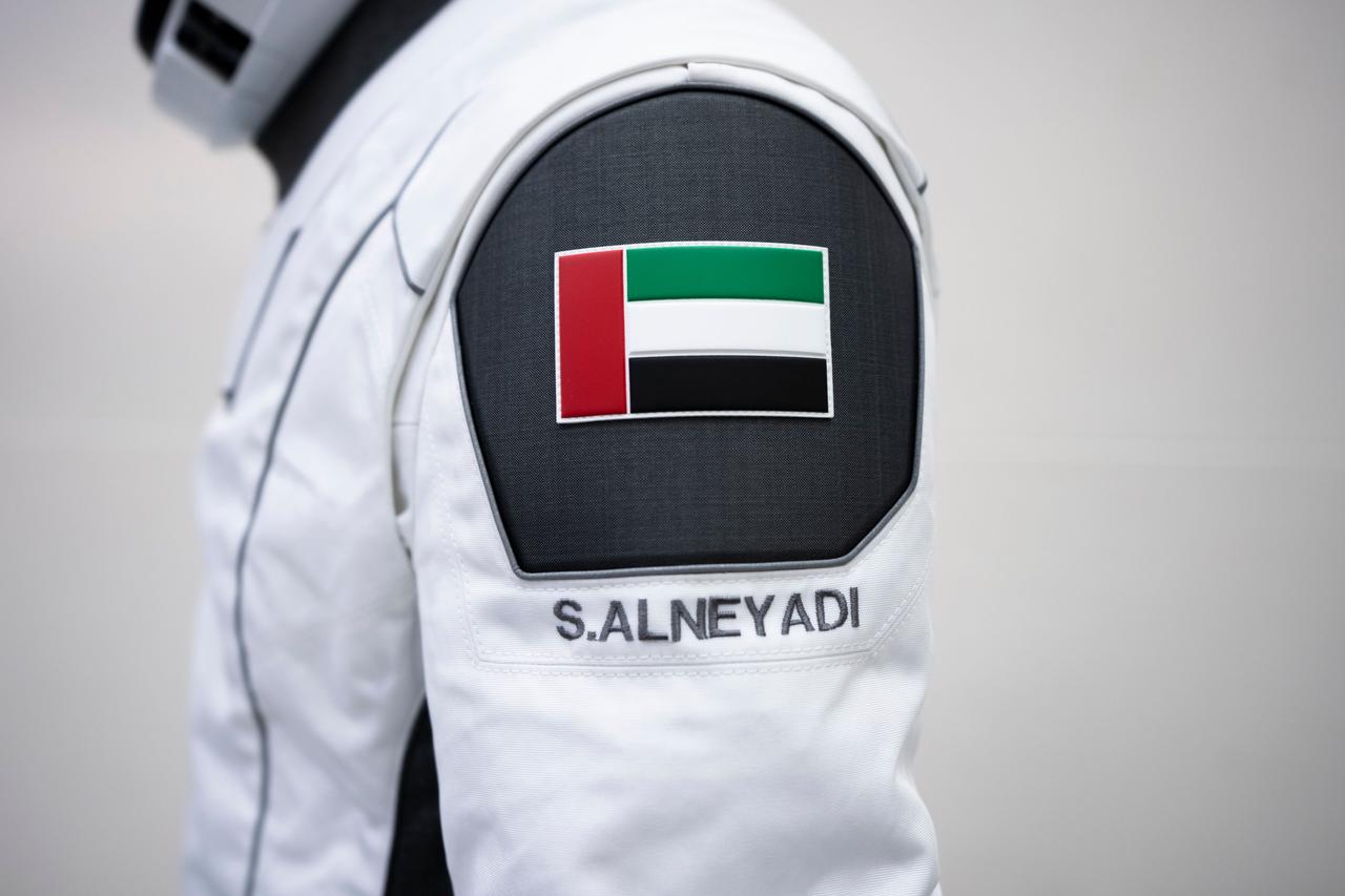 jsc2023e005742 (Jan. 30, 2023) --- A SpaceX launch and entry suit bears a United Arab Emirates flag, and the name of Mohammed bin Rashid Space Centre astronaut Sultan Alneyadi, who will serve as a mission specialist of NASA's SpaceX Crew-6 mission to the International Space Station. Credit: SpaceX