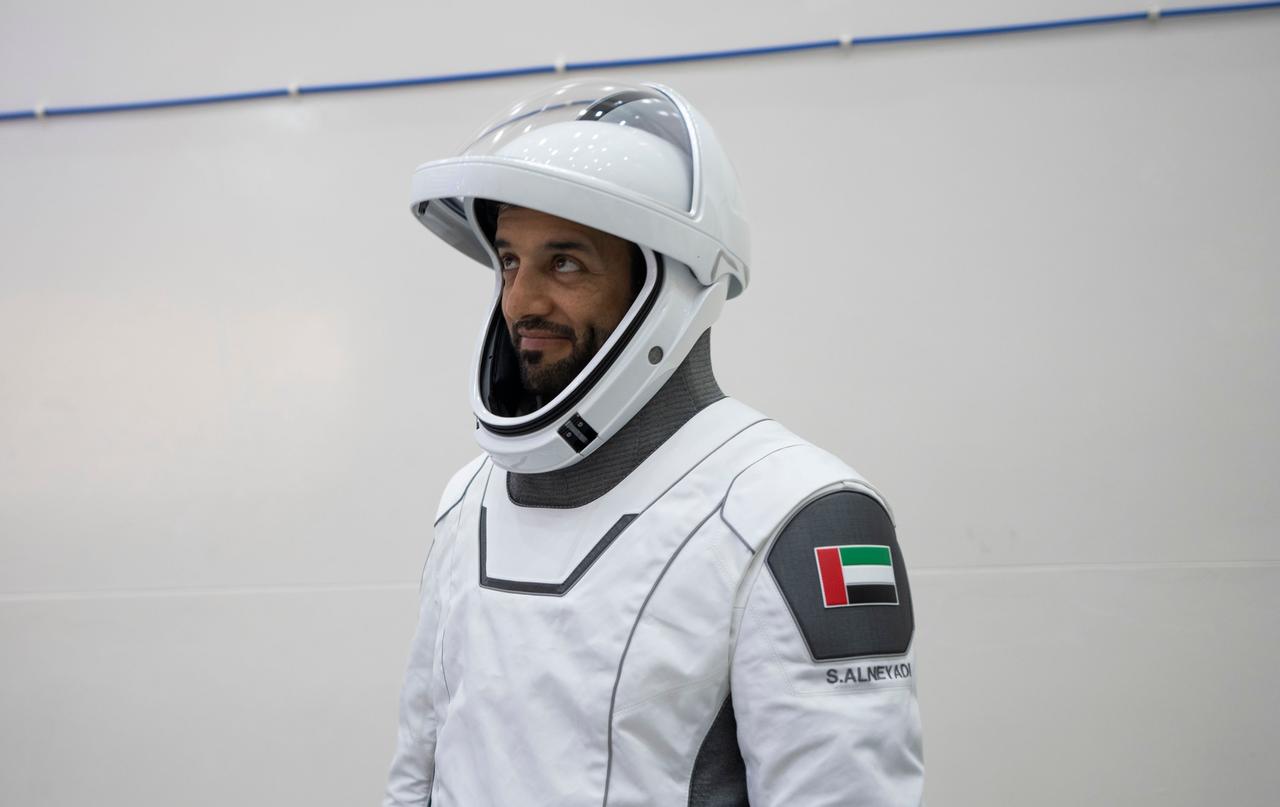 jsc2023e005757 (Jan. 30, 2023) --- Astronaut Sultan Alneyadi from the Mohammed bin Rashid Space Centre, SpaceX Crew-6 Mission Specialist, is pictured in his pressure suit during a crew equipment integration test at SpaceX headquarters in Hawthorne, California. Credit: SpaceX