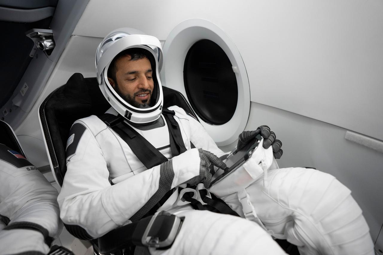 jsc2023e005765 (Jan. 30, 2023) --- Mohammed bin Rashid Space Centre astronaut and SpaceX Crew-6 Mission Specialist Sultan Alneyadi is pictured during a Crew Dragon cockpit training session at SpaceX headquarters in Hawthorne, California. Credit: SpaceX