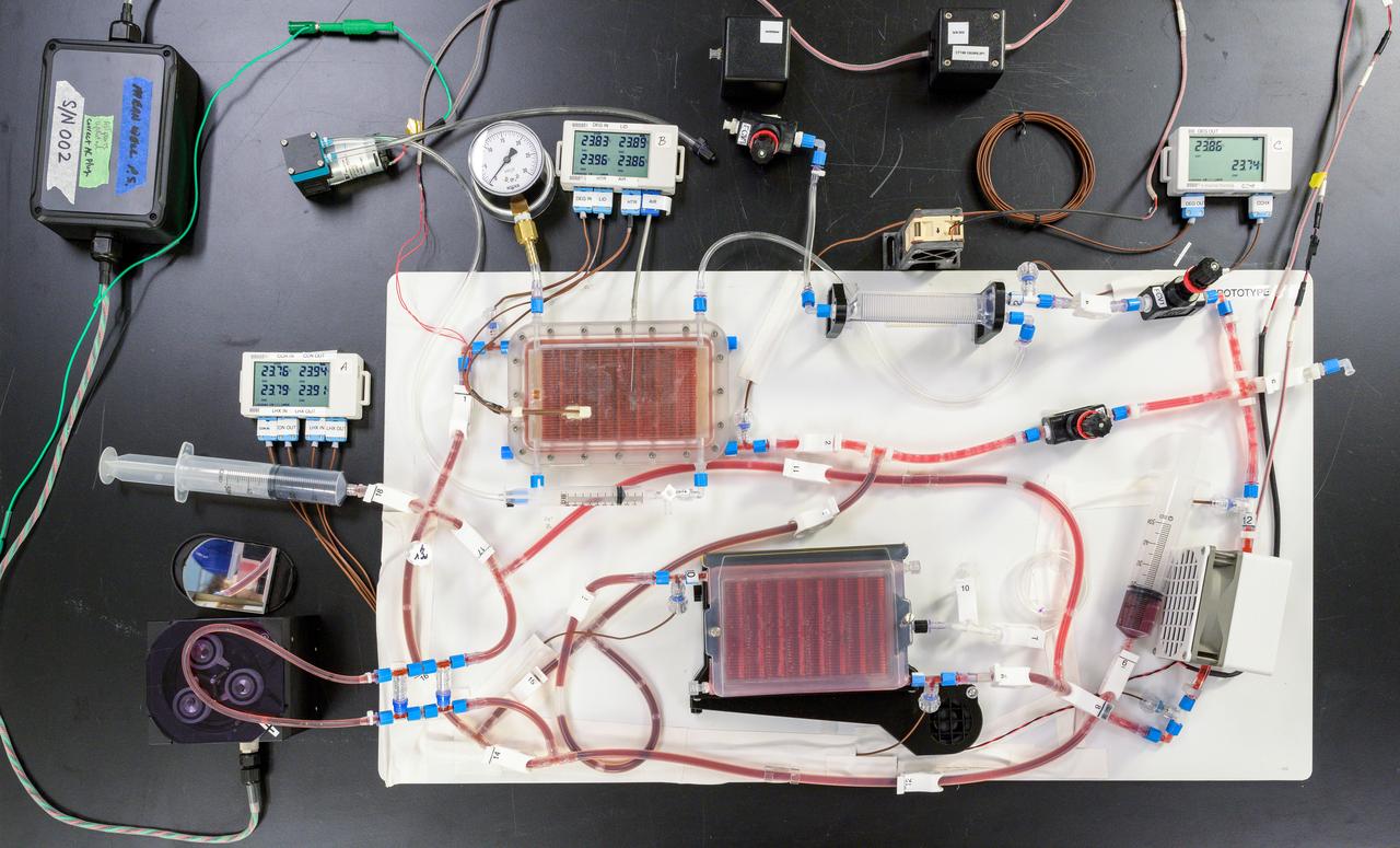 jsc2023e010170 (1/30/2023) --- Overall view of the CapiSorb Visible System prototype with sorbent simulant liquid in N240 room 133B. The CapiSorb Visible System will be launched on SpaceX CRS-27 in March 2023 to the International Space Station to demonstrate a liquid sorbent-based system that leverages the advantages of liquid control through capillary action to remove carbon dioxide from crewed atmospheres...The CapiSorb Visible System, shown here preflight, is used to study visco-capillary control and passive transport of liquid while simulating a fluid loop representative of a liquid carbon dioxide sorbent scrubber. The CapiSorb Visible System investigation demonstrates a liquid control using capillary forces, over a range of properties that are characteristic of liquids which absorb carbon dioxide. Image courtesy of NASA's Ames Research Center.