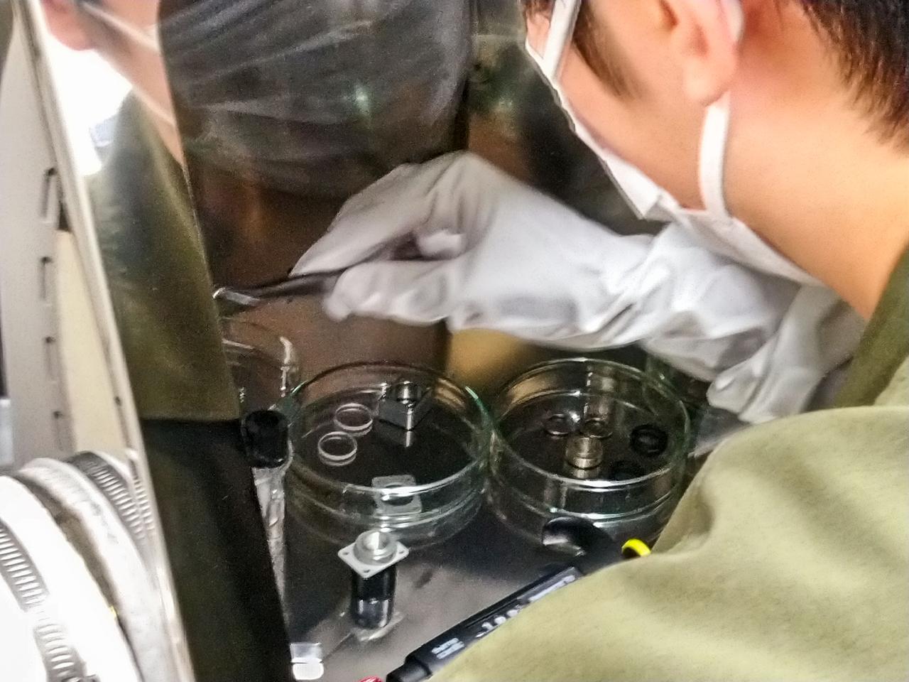 jsc2023e010199 (3/31/2023) ---  The exposure unit for the Tanpopo-5 study is assembled under a nitrogen atmosphere for aqueous solution samples. The investigation studies the origin, transportation, and survival of life in space. Radioresistant microbes of Deionococcus radiodurans, sporophytes of the moss Physcomitrium patens, nucleotide precursors, and amino acids are exposed to the space environment for six months using the Exposed Experiment Bracket Attached on i-SEEP (ExBAS) facility. Image courtesy of the Tanpopo Team.