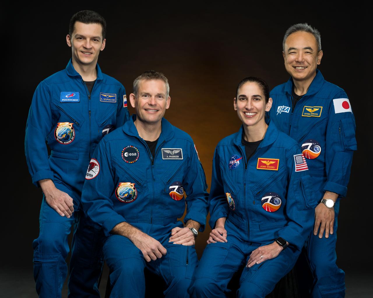 Portrait of NASA's SpaceX Crew-7 crew. From left to right: Roscosmos cosmonaut Konstantin Borisov, ESA astronaut Andreas Mogensen, NASA astronaut Jasmin Moghbeli, and JAXA astronaut Satoshi Furukawa. Credit: NASA/Bill Stafford