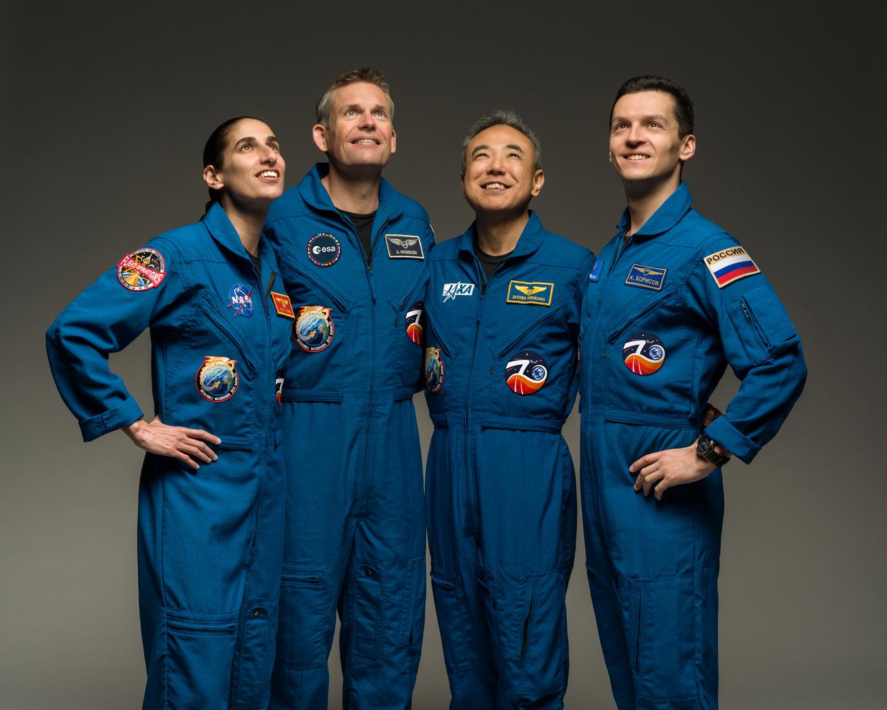 Portrait of NASA's SpaceX Crew-7 crew. From left to right: Roscosmos cosmonaut Konstantin Borisov, ESA astronaut Andreas Mogensen, NASA astronaut Jasmin Moghbeli, and JAXA astronaut Satoshi Furukawa. Credit: NASA/Bill Stafford
