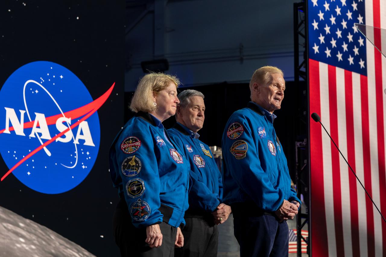 jsc2023e017418 (April 4, 2023) -- NASA Administrator Bill Nelson, right, NASA Deputy Administrator Pam Melroy, and NASA Associate Administrator Bob Cabana prepare to announce the four crewmembers of the Artemis II crew that will travel around the Moon during a Monday, April 3, 2023, crew announcement news conference at Ellington Field near NASA’s Johnson Space Center. The crew is comprised of Commander Reid Wiseman, Pilot Victor Glover, and Mission Specialists Christina Koch and Jeremy Hansen. The four astronauts will venture around the Moon on Artemis II, the first crewed mission on NASA’s path to establishing a long-term presence at the Moon for science and exploration through Artemis. Photo by Bill Stafford.