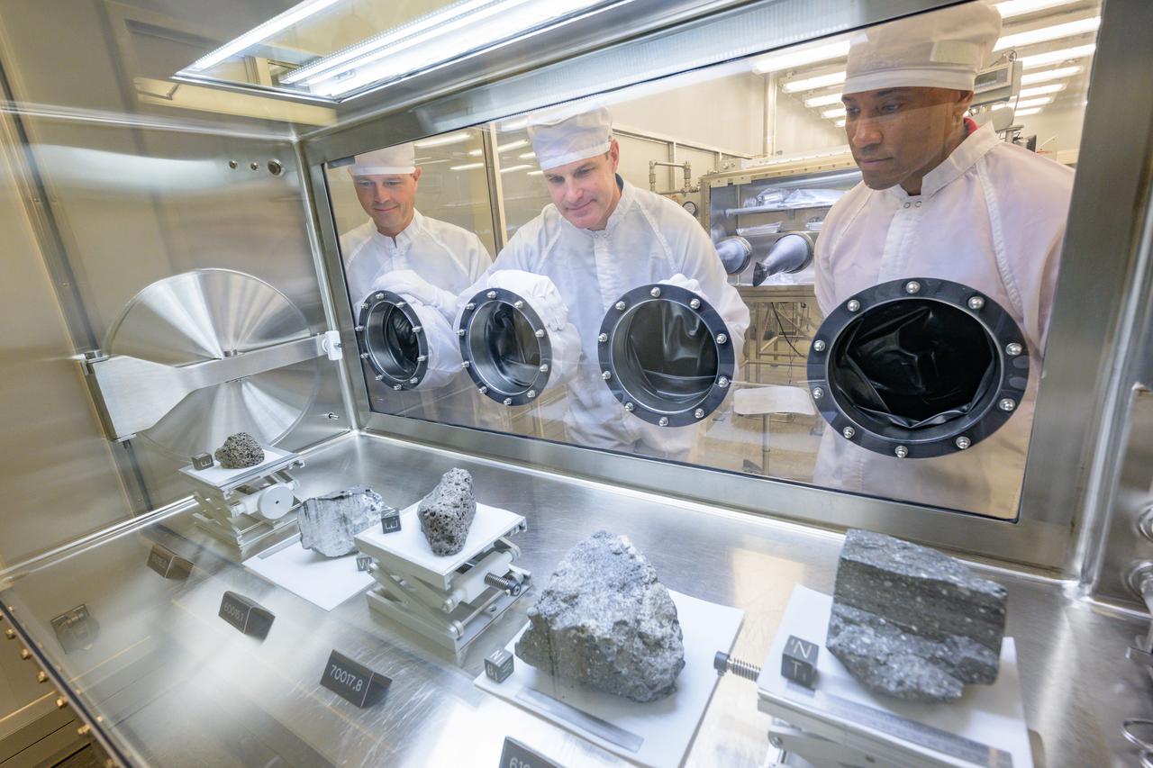 Three Artemis II crew members participate in lunar fundamentals training in the lunar lab at NASA's Johnson Space Center in Houston.  Left to right: Reid Wiseman, Jeremy Hansen, Victor Glover.   Photo Date: May 9, 2023. Location:  Johnson Space Center Building 31 - Lunar Lab. Photographer: NASA?Robert Markowitz