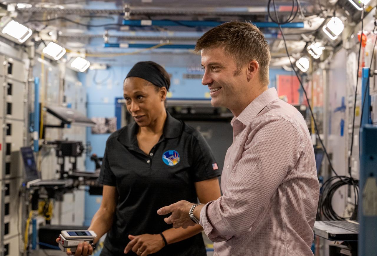jsc2023e029956 (May 22, 2023) --- NASA astronauts Jeanette Epps and Matthew Dominick, SpaceX Crew-8 Mission Specialist and Commander respectively, train together inside the International Space Station's mockup facility at NASA's Johnson Space Center in Houston, Texas.