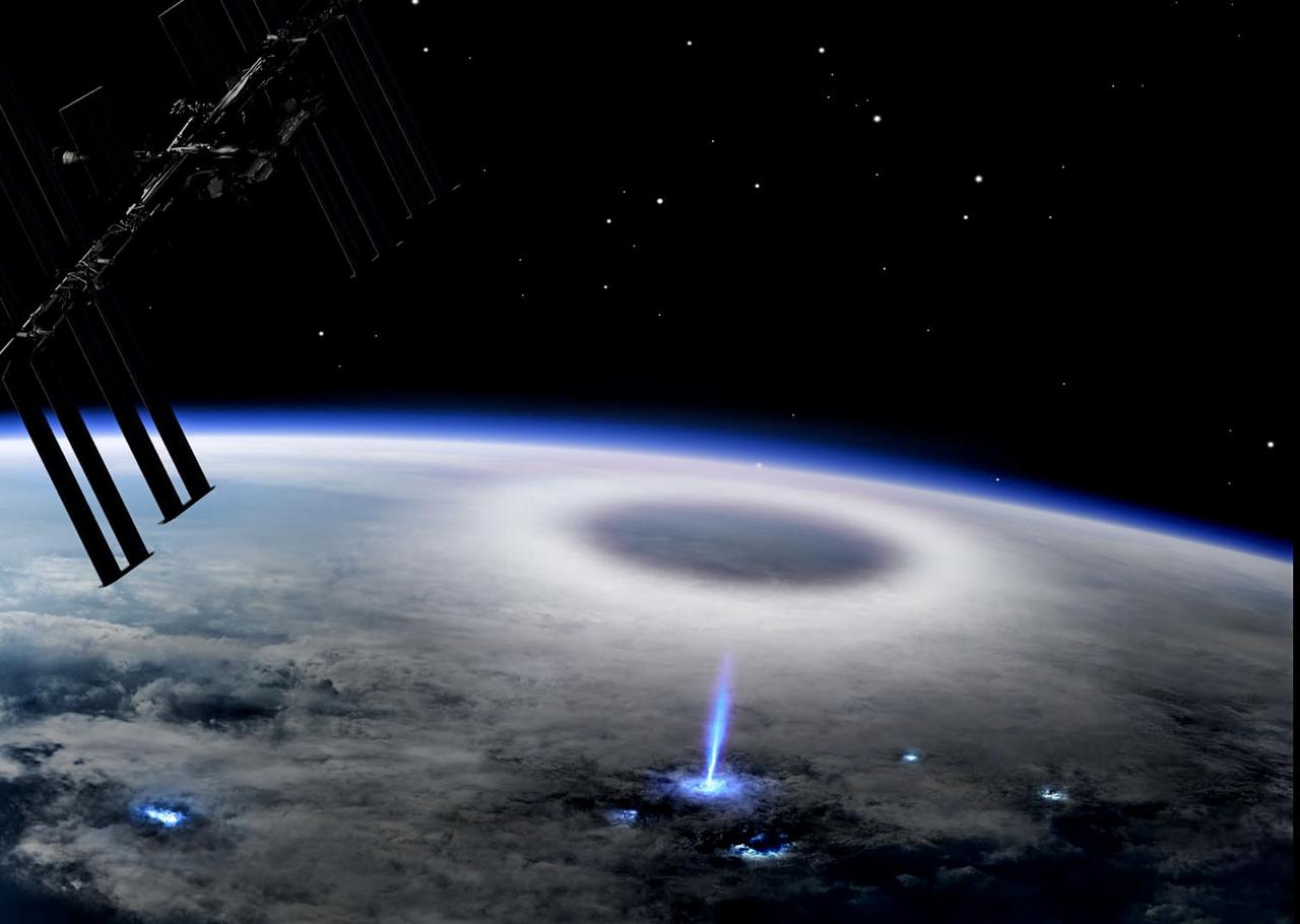 jsc2023e030777 (5/30/2023) --- Artist impression of a blue jet observed from the International Space Station. ESA's Thor-Davis investigation photographs lightning from the vantage point of space. Image courtesy of Mount Visual/University of Bergen/DTU Space.