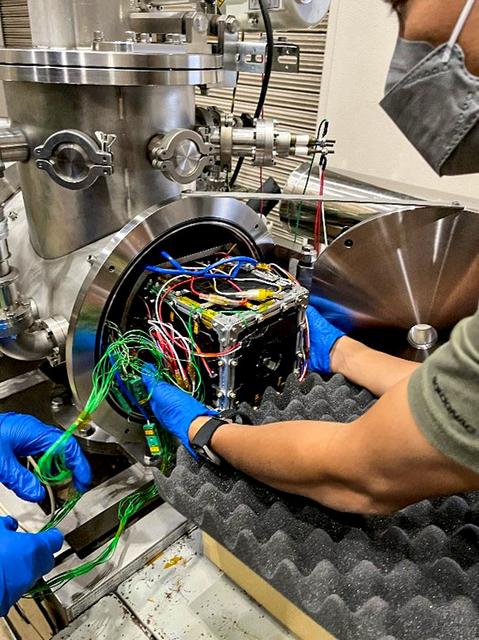 jsc2023e031071 (5/31/2023) ---    The BIRDS-4S Project, consisting of the cubesats Maya-5 and Maya-6, are placed inside the Small Thermal Vacuum Chamber at the Center for Nanosatellite Testing, Kyushu Institute of Technology. Image courtesy of Batch-2 STeP-UP Scholars.