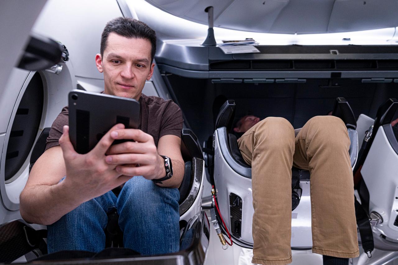NASA's SpaceX Crew-7 visits SpaceX in Hawthorne, California, during a trip to train for their International Space Station mission. Konstantin Borisov is photographed on the left. Imagery provided by SpaceX